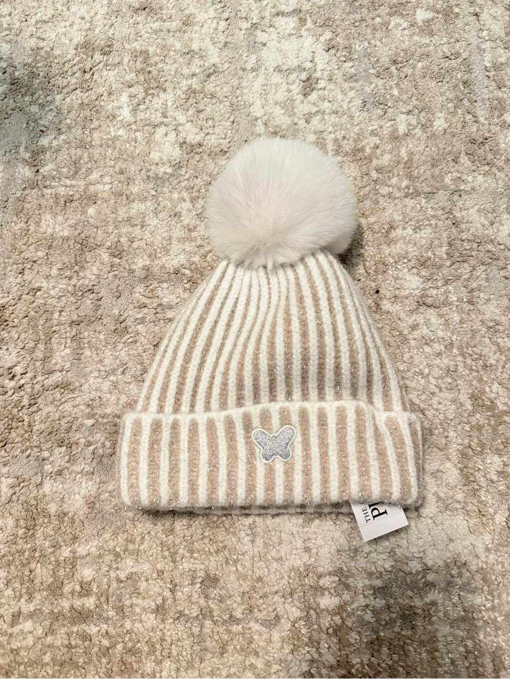 The Children's Place Beige & White Striped Pom Pom Beanie with Butterfly Patch